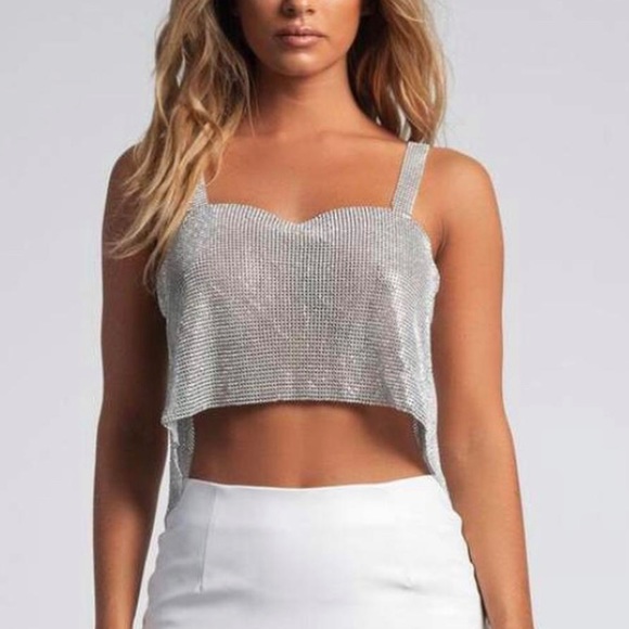 MESHKI ALLURA OPEN BACK DIAMANTE TOP - SILVER - Picture 1 of 5